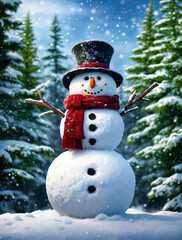 Fun snowman with scarf during a snowy day in the forest