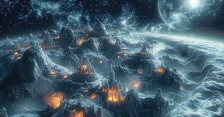 An underground city on a comet, with buildings carved into ice and glowing with internal heat. Scene includes a background of distant twinkling stars and nebulous clouds. Generative AI.