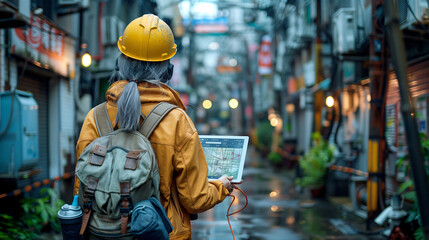 A female engineer in a yellow jacket and a yellow helmet looks at a tablet while walking on the street while checking electrical wiring