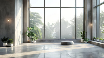 A modern mockup room with large windows and soft natural light, perfect for showcasing architectural designs.