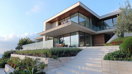 Luxurious minimalist design house with elegant landscaping.
