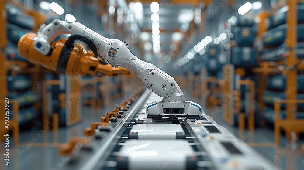 Poster The arm robotic process automation works inside a manufacturing warehouse. Generative AI.