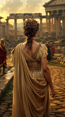 Woman walks on ancient street in the Roman Empire