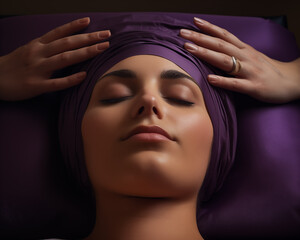 close up photo of a relaxed young woman with her head lying on a coach with closed eyes, with other woman's hands resting on her head