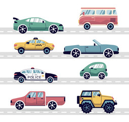 A set of modern cars. Taxi, policeman, convertible, pickup truck. A truck, an SUV, a subcompact. City cars in a flat style. for the Internet, print, banner, card. vector art illustration.