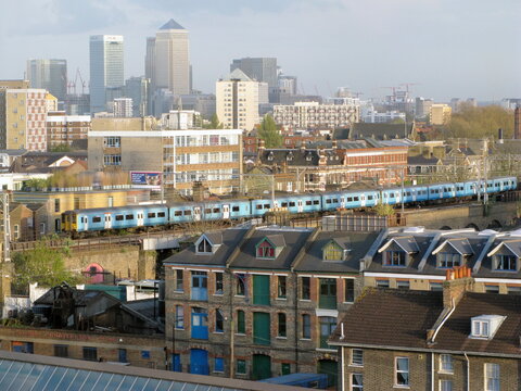Uk views of canary wharf from studios in hackney, east london