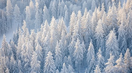 Freezing evergreen forest with snowcovered trees on a sloping landscape