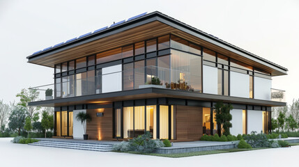 Fototapeta premium A 3D model of a modern house with solar panels, focusing on sustainability and renewable energy in architecture.