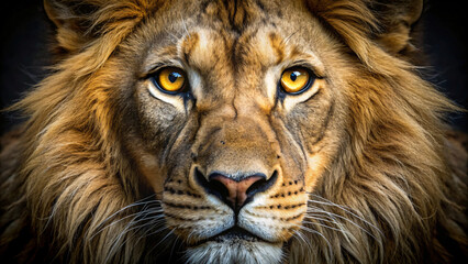 A close-up portrait of a lion's face captures its regal features