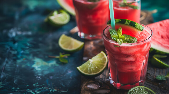 Watermelon slushie with lime and mint, summer refreshing drink in tall glasses on a light blue background. Sweet cold smoothie with copy space,Watermelon margarita cocktail with lime and sliced waterm