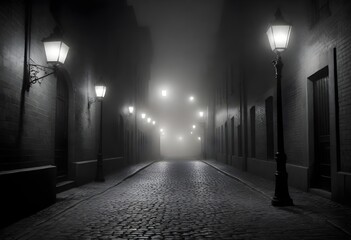  A foggy night in street lamps - obrazy, fototapety, plakaty