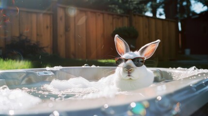 Playful White Rabbit in Sunglasses Enjoying a Relaxing Hot Tub Soak