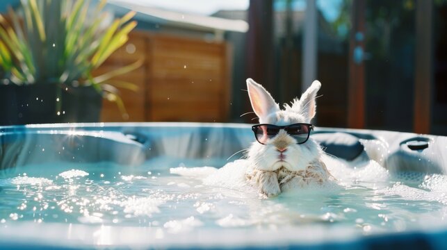 Playful White Rabbit in Sunglasses Enjoying a Relaxing Hot Tub Soak