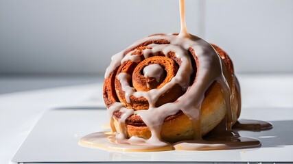 High-resolution image showcasing a cinnamon roll topped with icing, against a white backdrop, on a simple white table.

