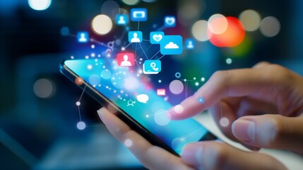 Hand hold smartphone play social media with communication icon.