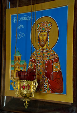 Icons in the interior of Bagrati Christian Orthodox Cathedral in Kutaisi, Georgia, Central Asia, Asia