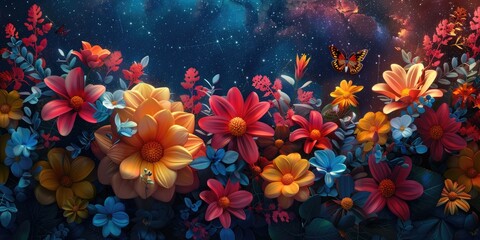 Fototapeta na wymiar a vibrant, cosmic pattern featuring 3D blooming flowers and foliage, set against a starry night sky. 16k ultra HD resolution