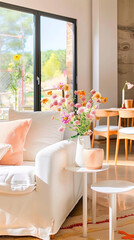 White sofa with light pink and orange pillows, a small side table