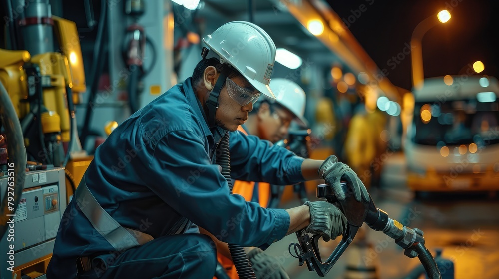 Poster technical team installing a product fuel pump. generative ai.