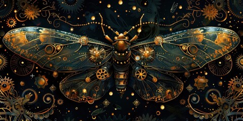a whimsical pattern featuring steampunk-inspired insects, with gears, clockwork mechanisms, and intricate details. 16k ultra HD resolution