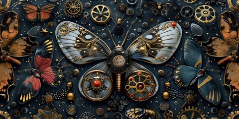 a whimsical pattern featuring steampunk-inspired insects, with gears, clockwork mechanisms, and intricate details. 16k ultra HD resolution