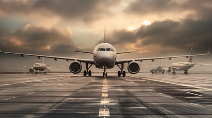 Fototapeta premium A row of airplanes parked in airport. Vanishing point image of endless row of passenger jets