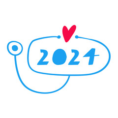 Stethoscope with number 2024 and little red heart. Insurance. Flat design. Vector illustration on white background.