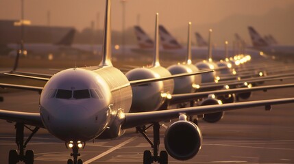 A row of airplanes parked in airport. Vanishing point image of endless row of passenger jets