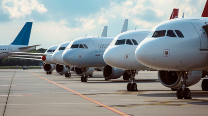 A row of airplanes parked in airport. Vanishing point image of endless row of passenger jets