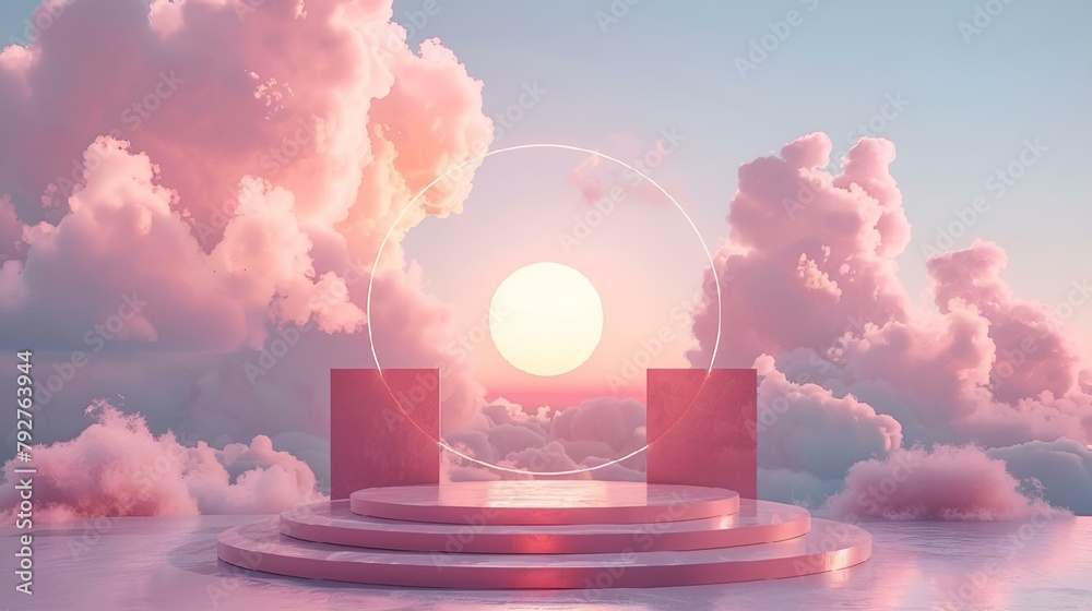 Wall mural ai generated illustration of sun setting over pink clouds with a platform in foreground