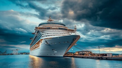 Naklejka premium Cruise ship, cruise ship standing at the seaport preparing to board passengers