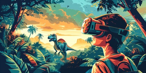 Cute vector illustration of a man in a virtual reality headset with a dinosaur on a background of nature. 