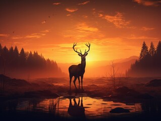 A majestic elk stands in a field of grass at sunset, silhouetted against the sky.