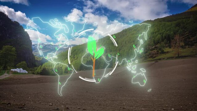 Animated leaf icon and world map with cultivating tractor time-lapse background