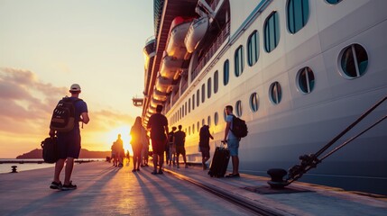 Cruise ship and passengers in port, cruise ship standing at the seaport preparing to board passengers