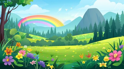 Cartoon modern landscape of flowers in spring with rainbow in forest. Green grass hill nature valley park with meadow. Nice and cute panoramic flora springtime backdrop with sunshine in summer.