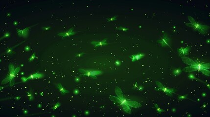 Fototapeta premium Stunning modern illustration of glowing green fireflies in space galaxy with magic dust particles texture and a mysterious starry background.