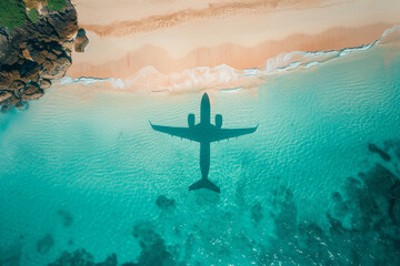 Airplane shadow flying over beautiful exotic tropical beach with woman sunbathing on a sunny day,...