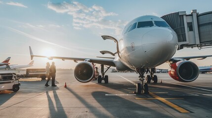 Fototapeta na wymiar passengers and airplanes in airport, airplane transportation