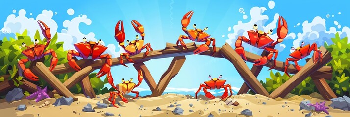 A colony of resourceful crabs used beach debris to create a makeshift obstacle course, scuttling and climbing with surprising agility - obrazy, fototapety, plakaty