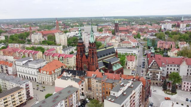 Cityscape With The Roman Catholic Diocese Of Legnica In Southwestern Poland. Aerial Drone Shot