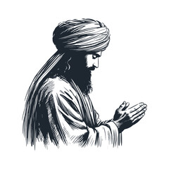 The praying muslim. Black white vector illustration.