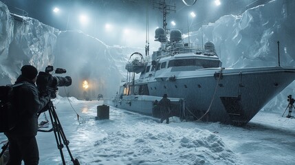 a ship is being driven through the snow by a photographer