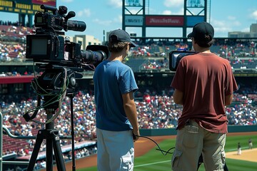 two male photographers on stage at a baseball game watching the field