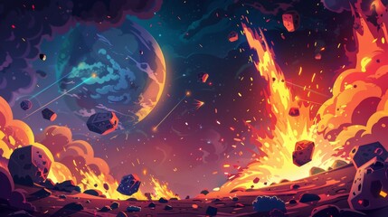 An alien planet burns to ash in the night sky. Modern illustration of damaged cosmic bodies burning, rocky meteorites and hot stones flying in the night sky. Apocalypse adventure game wallpaper.
