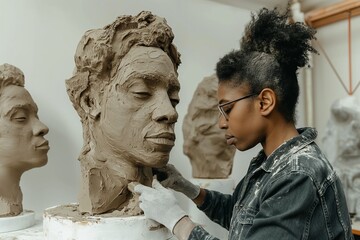 two women are making a head of statue clay in an art studio