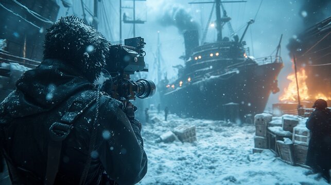 a man taking pictures in front of boats on fire and snow