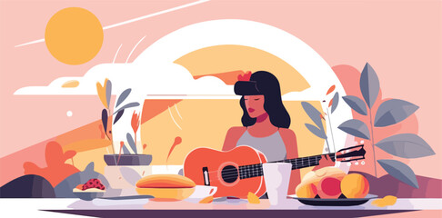 Young woman playing guitar at picnic flat vector illustration. Cartoon girl sitting at table with food and drink.