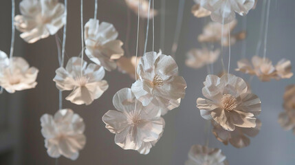 Delicate paper flowers suspended in mid-air, creating a dreamlike atmosphere.