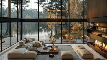 Modern house in the forest with fireplace, large windows with a view of the lake and pine trees outside, a cozy interior design of a modern living room with a double height ceiling. Generative AI. - obrazy, fototapety, plakaty